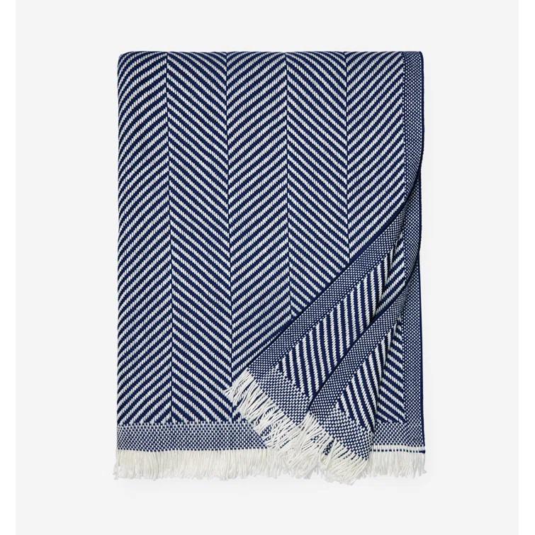 Nantucket Morning Herringbone Cotton Throw with Twisted Fringe - Navy