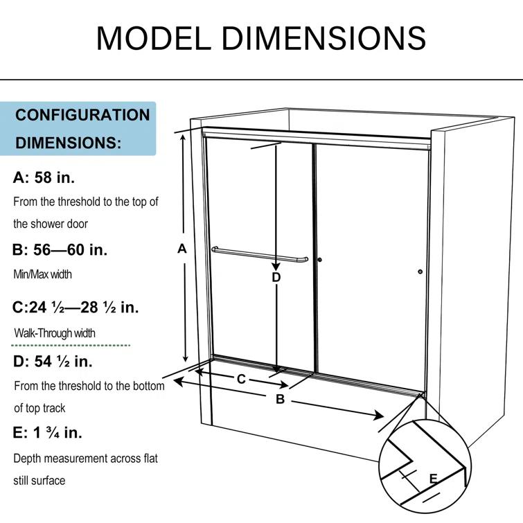 60" W x 58" H Double Sliding Framed Tub Door