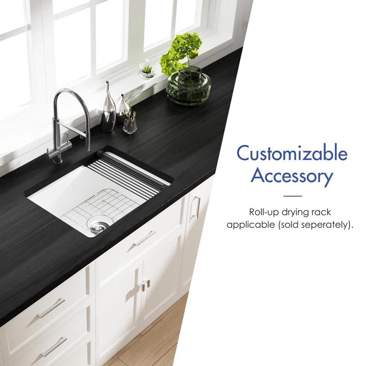 Oslo White Single Bowl Fireclay Undermount Kitchen Sink with Basket Strainer and Bottom Grid