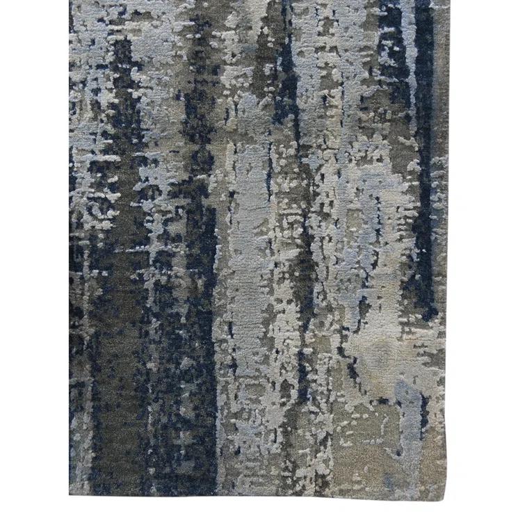 Hand-Knotted Blue Abstract Wool Silk Area Rug