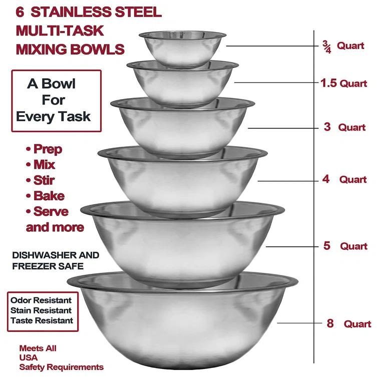 Stainless Steel 6 Piece Nested Mixing Bowl Set (Set of 6)