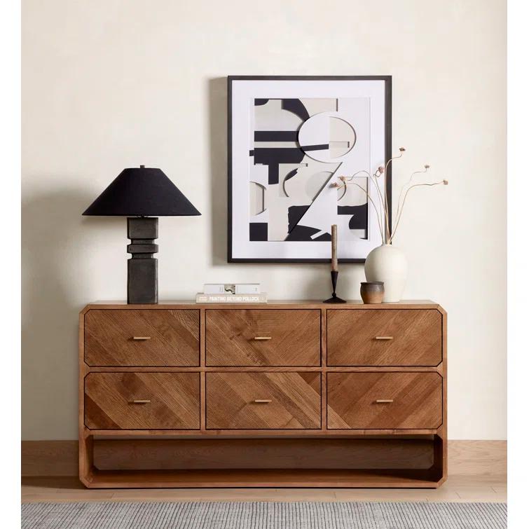 Modern Natural Ash Veneer 6-Drawer Dresser with Satin Brass Hardware