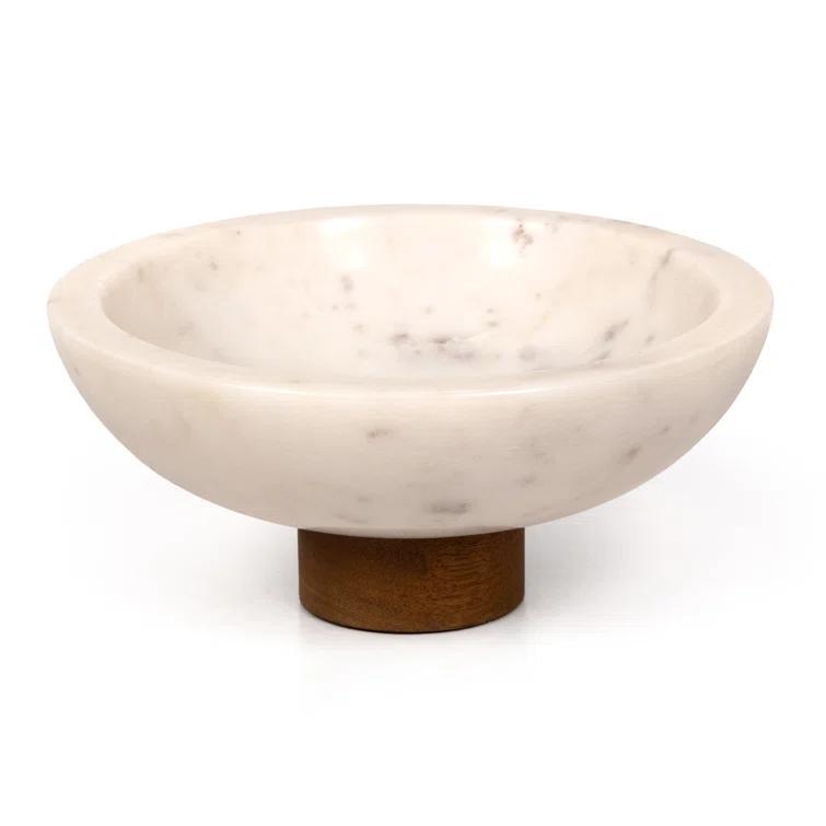 Honed White Marble Decorative Bowl with Auburn Mango Stand