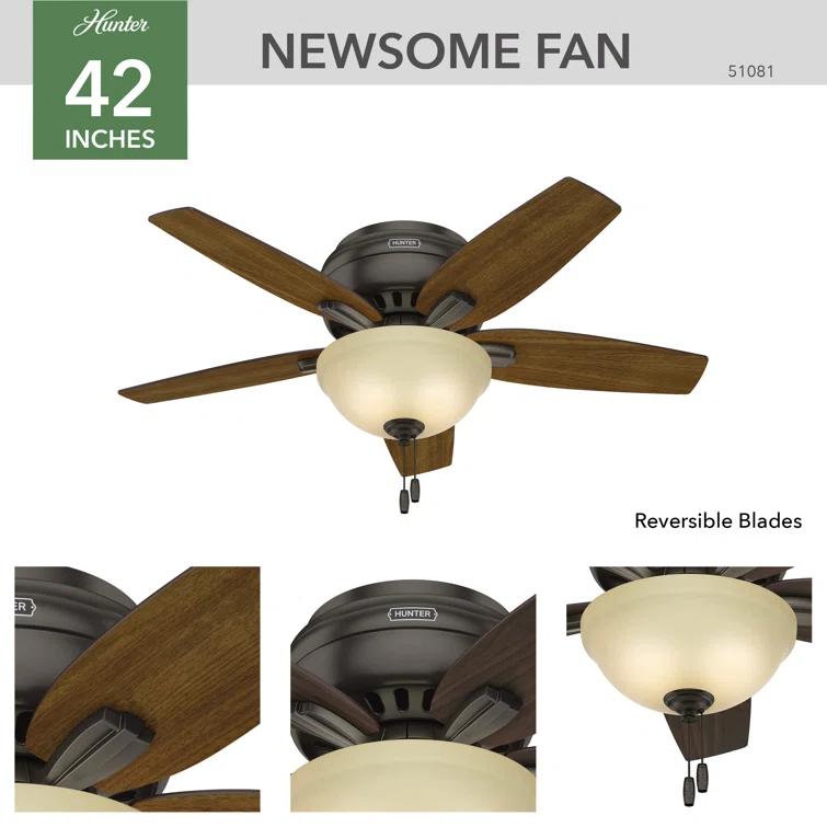 Hunter Fan Newsome 42" 5 - Blade Traditional Flush Mount Indoor Ceiling Fan with Lights and Pull Chains