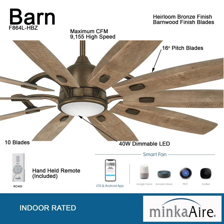 65" Barn 10 - Blade LED Smart Standard Ceiling Fan with Remote Control and Light Kit Included
