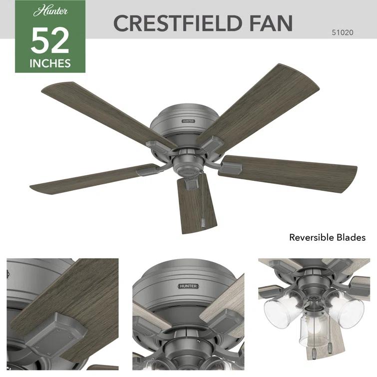 Hunter Fan 52" Crestfield 5 - Blade Flush Mount Ceiling Fan with Lights and Pull Chains