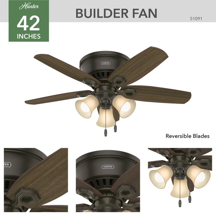 Hunter Fan 42" Builder Low Profile 5 - Blade Flush Mount Ceiling Fan with Pull Chain and Light Kit Included