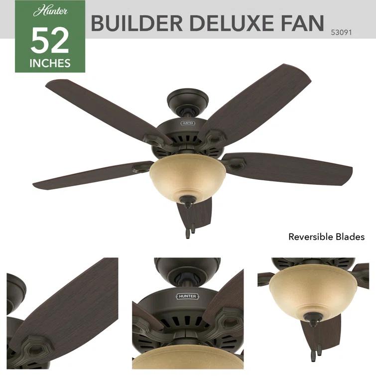 52" Builder Deluxe 5 - Blade Standard Ceiling Fan with Pull Chain and Light Kit Included
