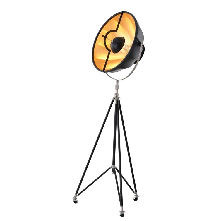 Adjustable Black Metal Tripod Floor Lamp with Gold Interior