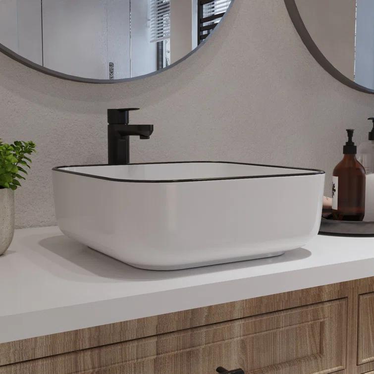 DeerValley Ace 15'' White/Black Square Ceramic Vessel Bathroom Sink