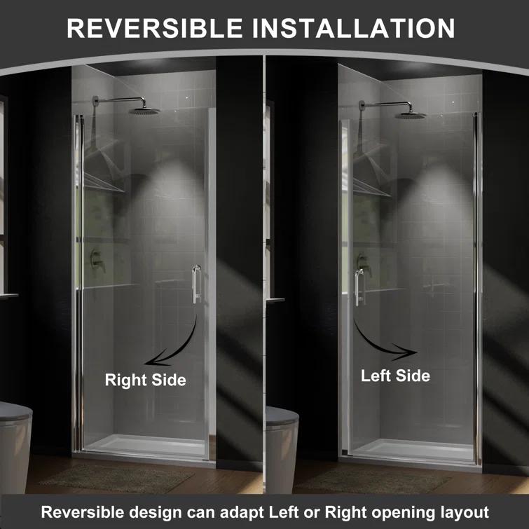 37-3/8 In Semi-Frameless Pivot Shower Door in Chrome With Clear Glass