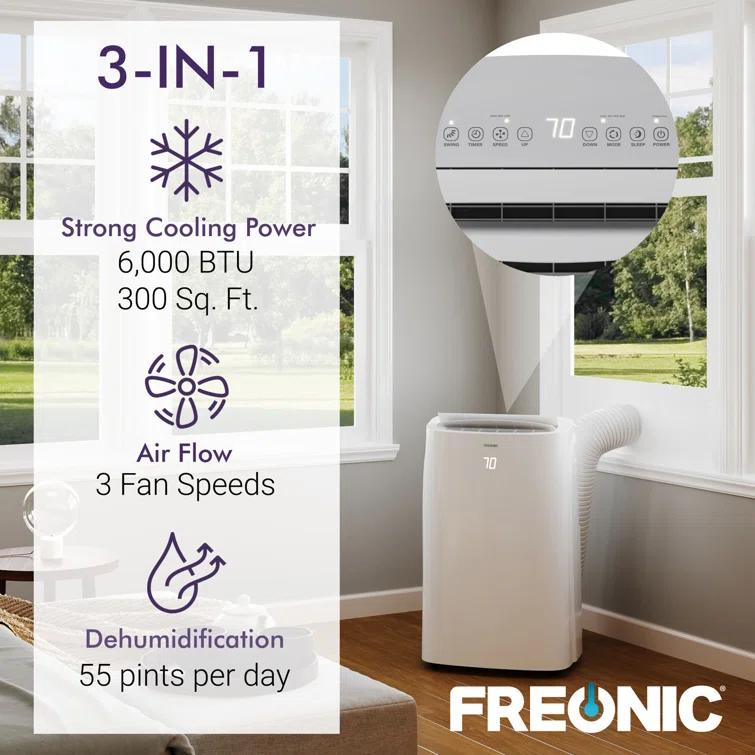 Freonic 6,000 BTU Portable Air Conditioner with Dehumidifier, 115V for up to 300 Sq. Ft. in White