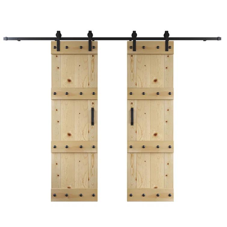 Castle Series Pine Wood Double Sliding Barn Door with Hardware Kit