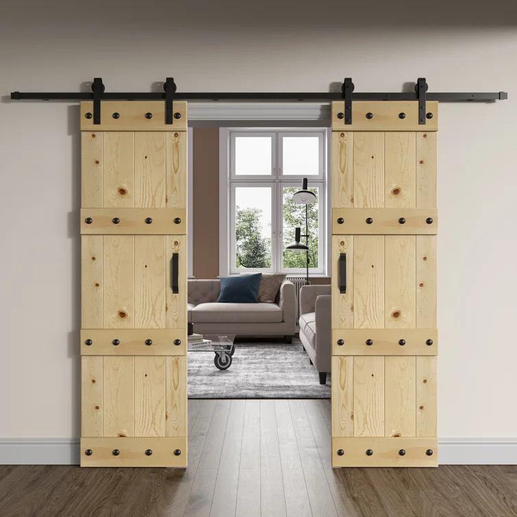 Castle Series Pine Wood Double Sliding Barn Door with Hardware Kit