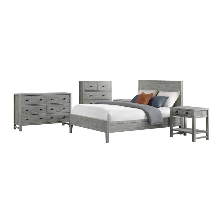 Arden 5-Piece King Bedroom Furniture Set w/ King-Sized Bed, 2x 2-Drawer Nightstands, 5-Drawer Chest & 6-Drawer Double Dresser, Solid Wood Set, Metal Bar Handles & Elegant Light Driftwood Finish