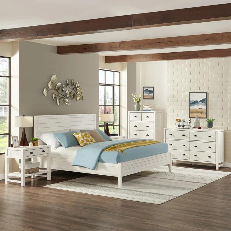 Arden 5-Piece King Bedroom Furniture Set w/ King-Sized Bed, 2x 2-Drawer Nightstands, 5-Drawer Chest & 6-Drawer Double Dresser, Solid Wood Set, Metal Bar Handles & Elegant Light Driftwood Finish