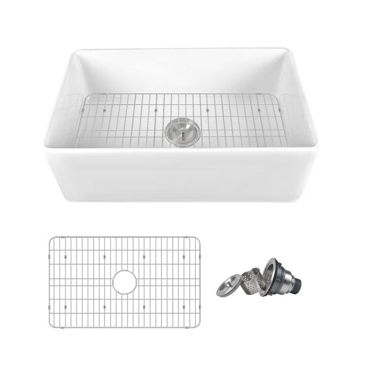 Grove 30" L X 18" W Rectangular White Single Basin Fireclay Farmhouse / Apron Kitchen Sink with Grid and Strainer