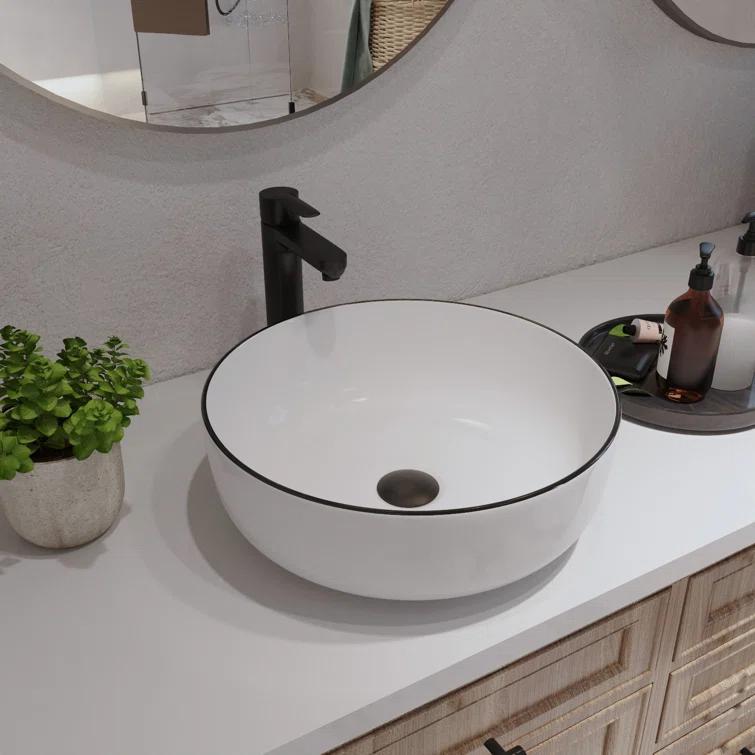 DeerValley Symmetry 16'' Circular White/Black Ceramic Vessel Bathroom Sink
