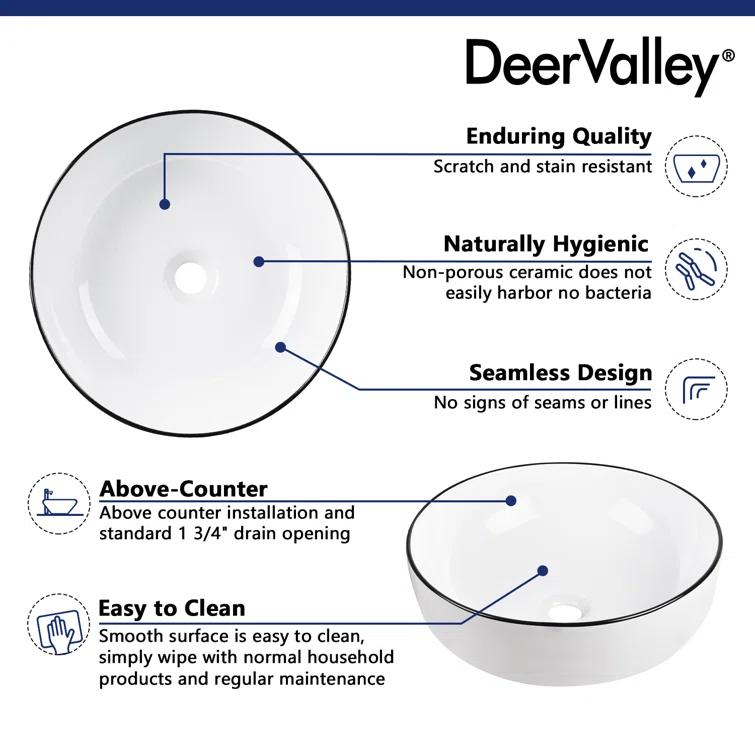 DeerValley Symmetry 16'' Circular White/Black Ceramic Vessel Bathroom Sink