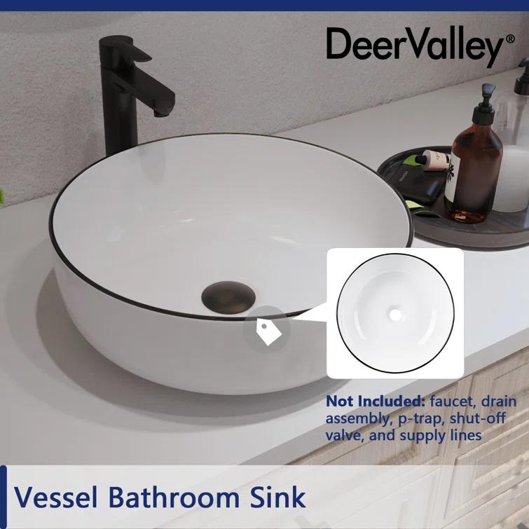 DeerValley Symmetry 16'' Circular White/Black Ceramic Vessel Bathroom Sink