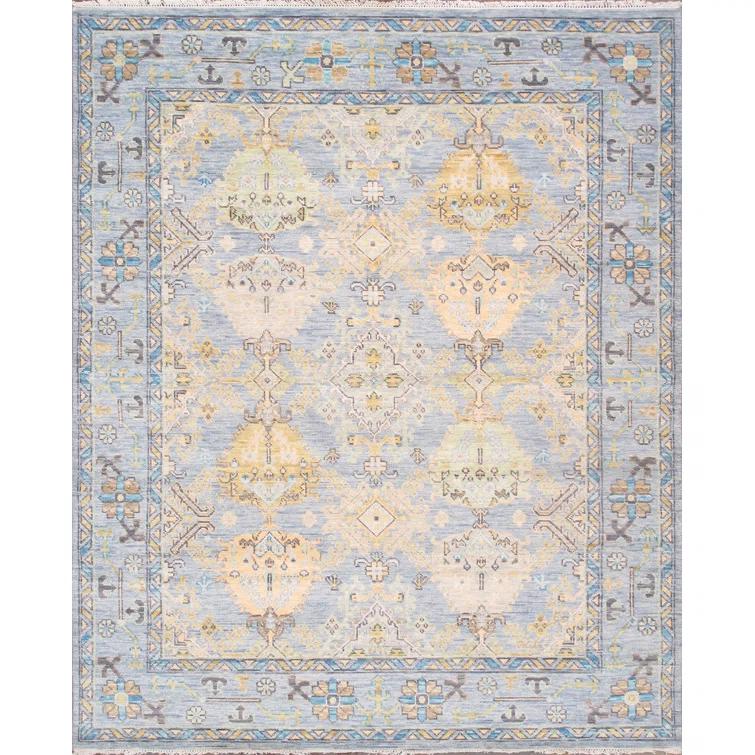Pasargad Oushak Oriental Hand-Knotted Rectangle 8'1" x 9'9" Wool Area Rug in Blue/Yellow/Black