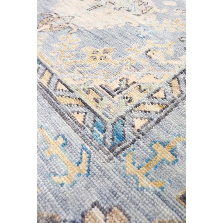 Pasargad Oushak Oriental Hand-Knotted Rectangle 8'1" x 9'9" Wool Area Rug in Blue/Yellow/Black
