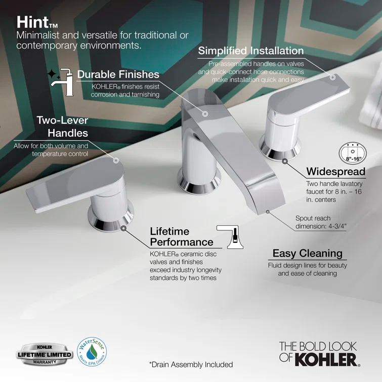 Kohler Hint Widespread Bathroom Faucet with Pop-Up Drain Assembly, 3 Hole 2-Handle Bathroom Sink Faucet, 1.2 gpm