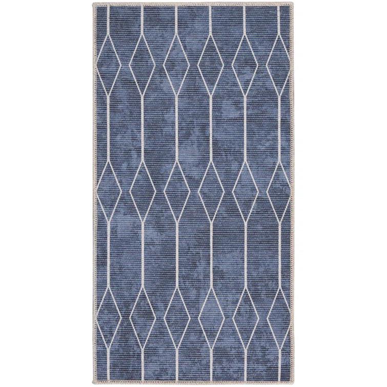 Pymble Geometric Machine Washable Area Rug in Navy Blue