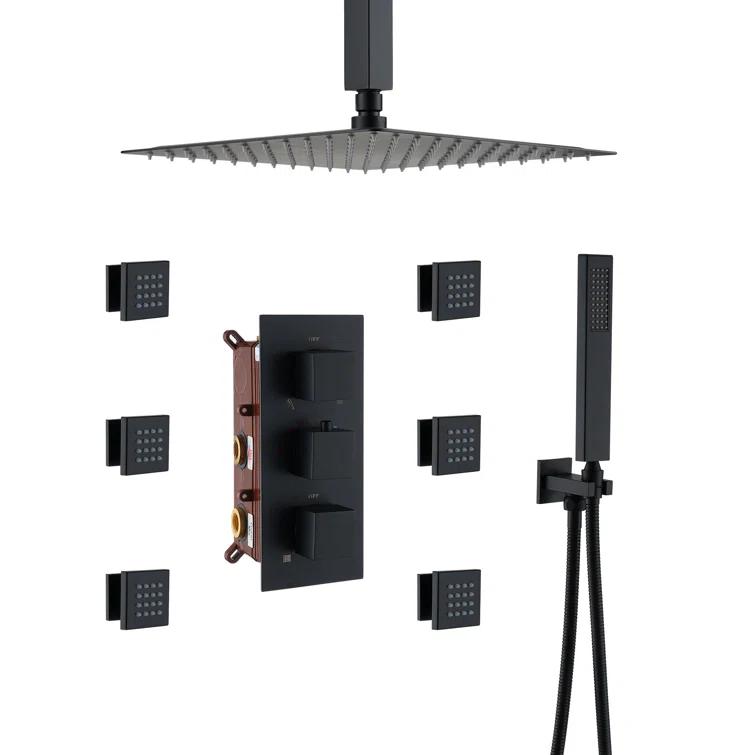 3-Function LED Light Thermostatic Rainfall Shower System with 6 Body Jets and Rough-in Valve