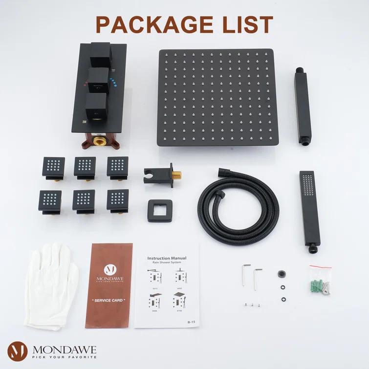 3-Function LED Light Thermostatic Rainfall Shower System with 6 Body Jets and Rough-in Valve