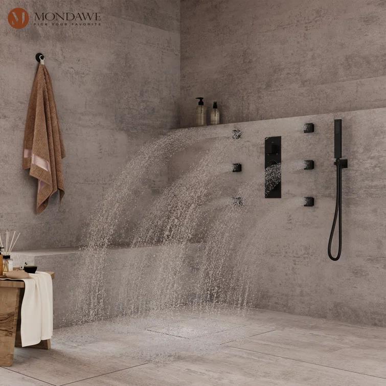 3-Function LED Light Thermostatic Rainfall Shower System with 6 Body Jets and Rough-in Valve