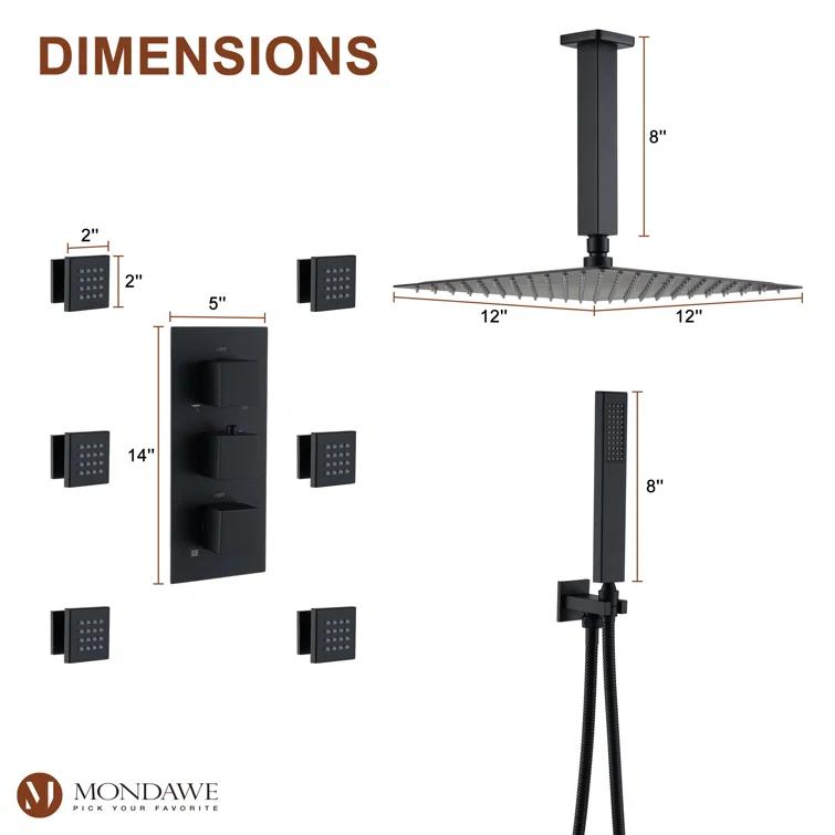 3-Function LED Light Thermostatic Rainfall Shower System with 6 Body Jets and Rough-in Valve
