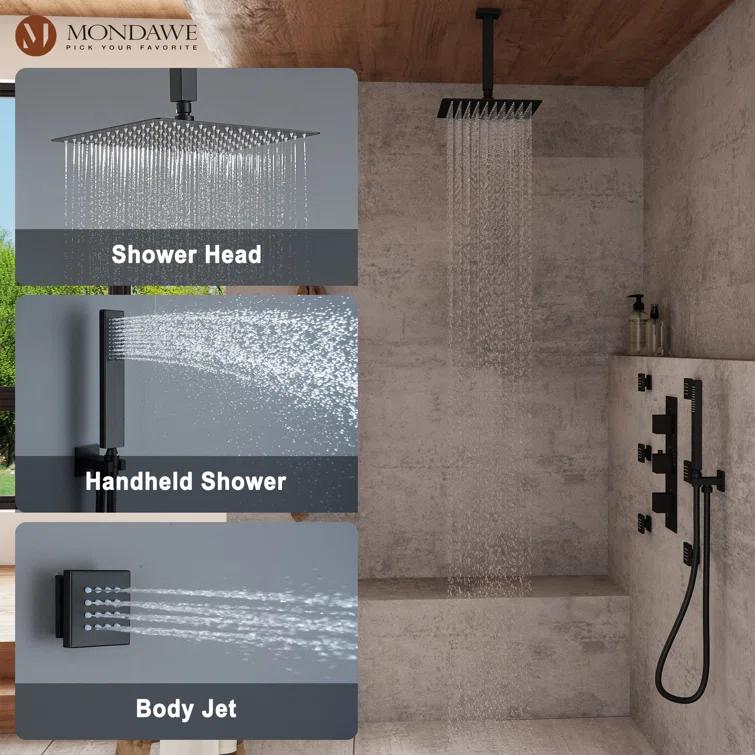 3-Function LED Light Thermostatic Rainfall Shower System with 6 Body Jets and Rough-in Valve