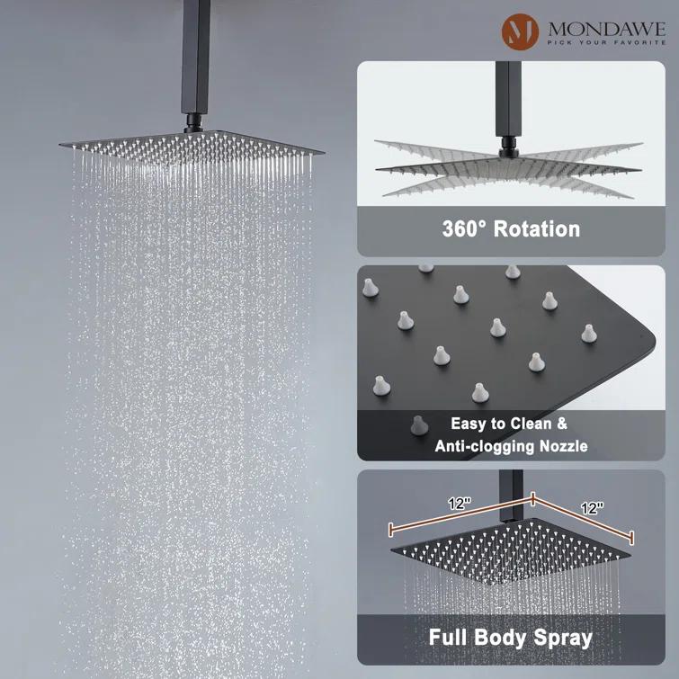 3-Function LED Light Thermostatic Rainfall Shower System with 6 Body Jets and Rough-in Valve