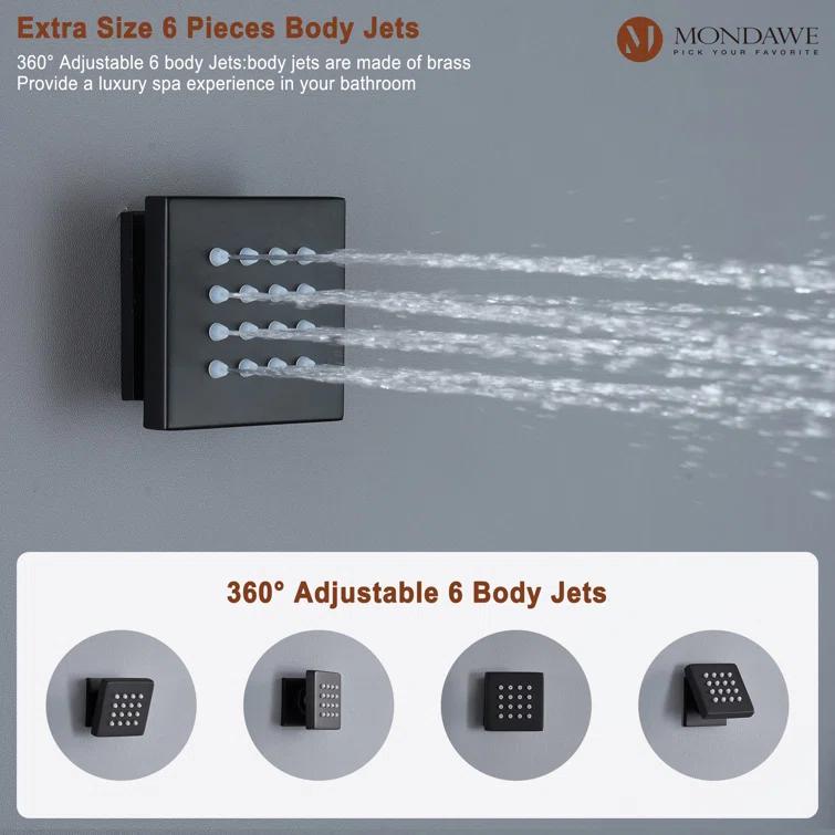 3-Function LED Light Thermostatic Rainfall Shower System with 6 Body Jets and Rough-in Valve