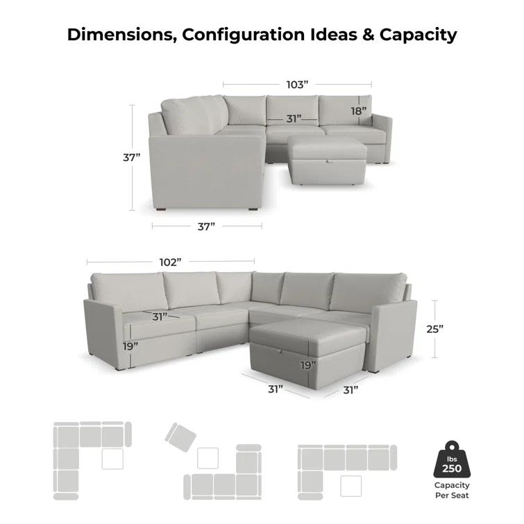Flex 5 - Piece Upholstered Modular Sectional with Bumper Ottoman