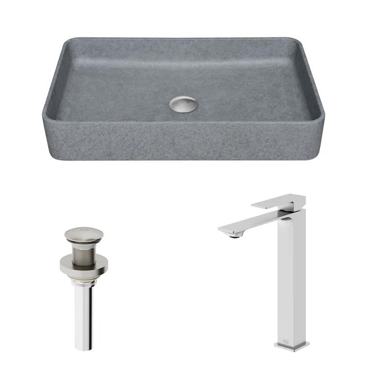 VIGO Dunn Tarragona Gothic 19" L x 14" W x 4" H Rectangular Concrete Vessel Bathroom Sink with 11" H Faucet VGT2085