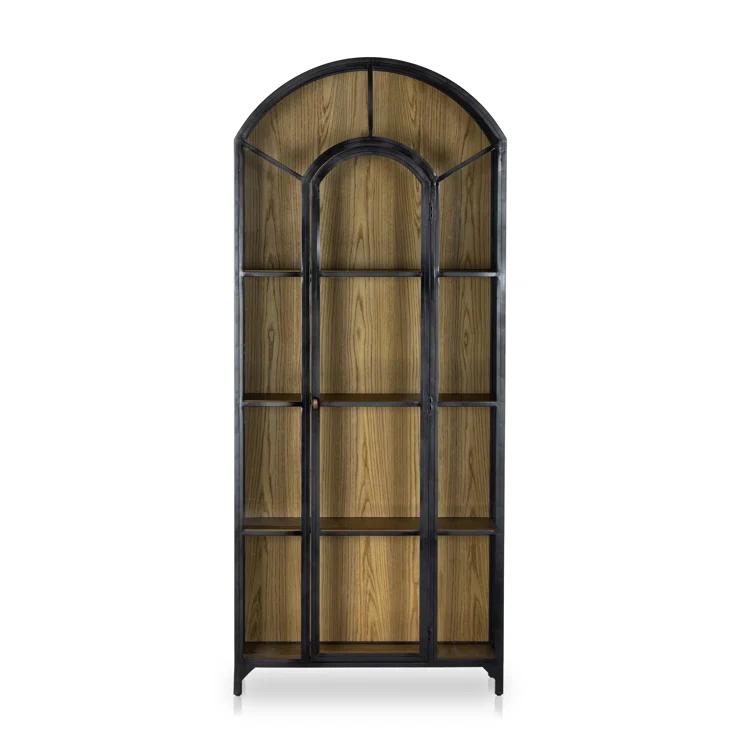 Tall Black Iron and Oak Arched Bookcase Cabinet