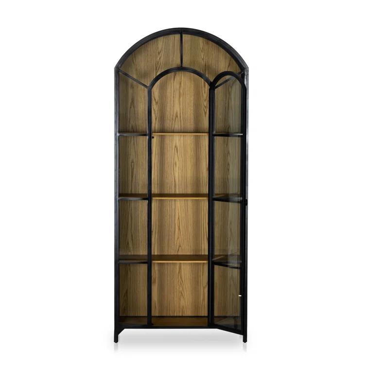 Tall Black Iron and Oak Arched Bookcase Cabinet