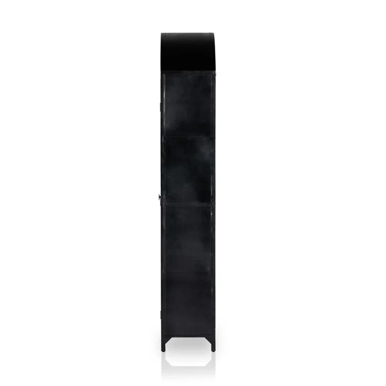 Tall Black Iron and Oak Arched Bookcase Cabinet