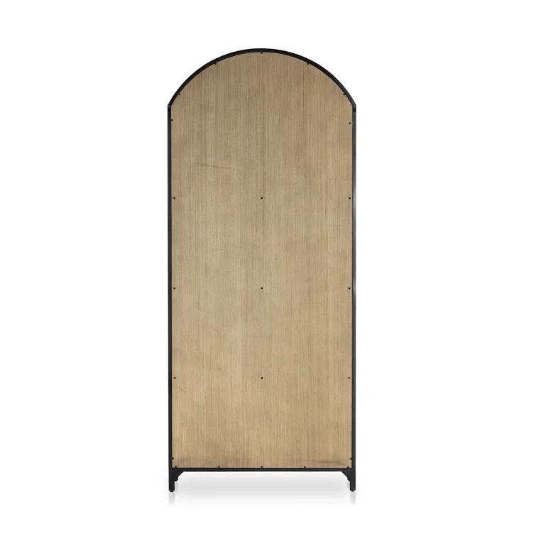Tall Black Iron and Oak Arched Bookcase Cabinet