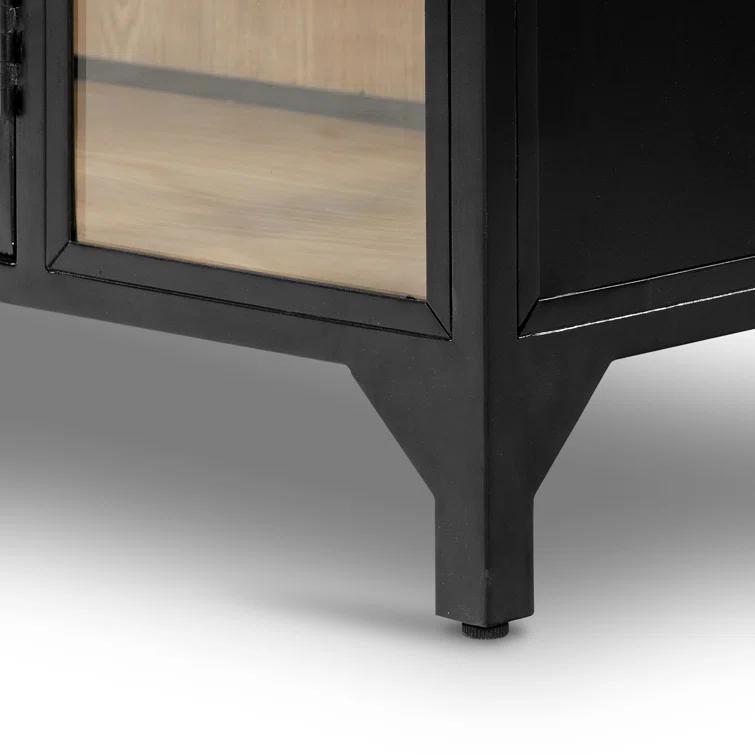 Tall Black Iron and Oak Arched Bookcase Cabinet