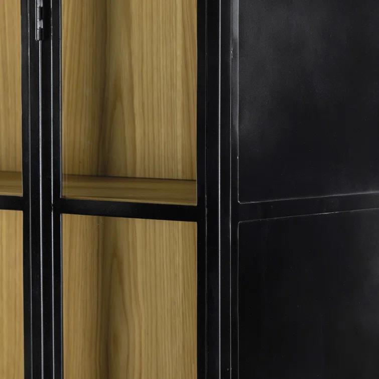 Tall Black Iron and Oak Arched Bookcase Cabinet