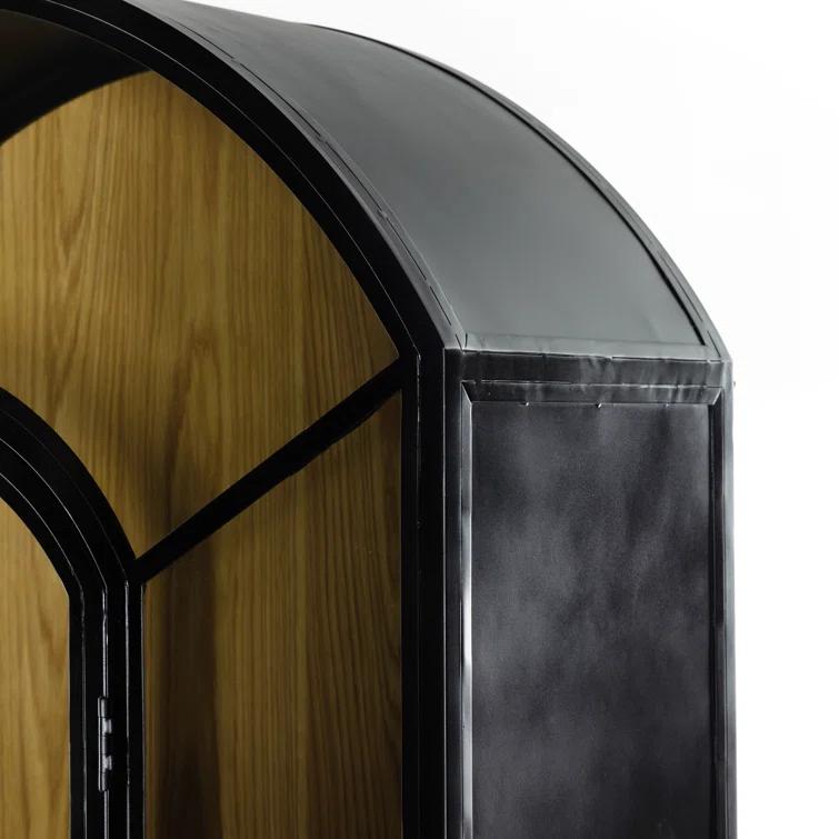 Tall Black Iron and Oak Arched Bookcase Cabinet