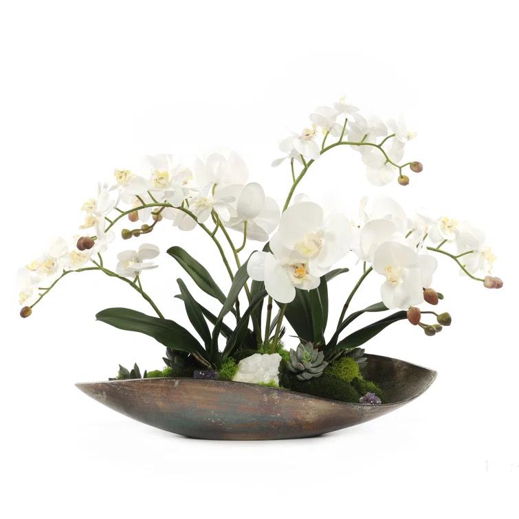 Cream White Silk Orchid Floral Arrangement in Metal Tray