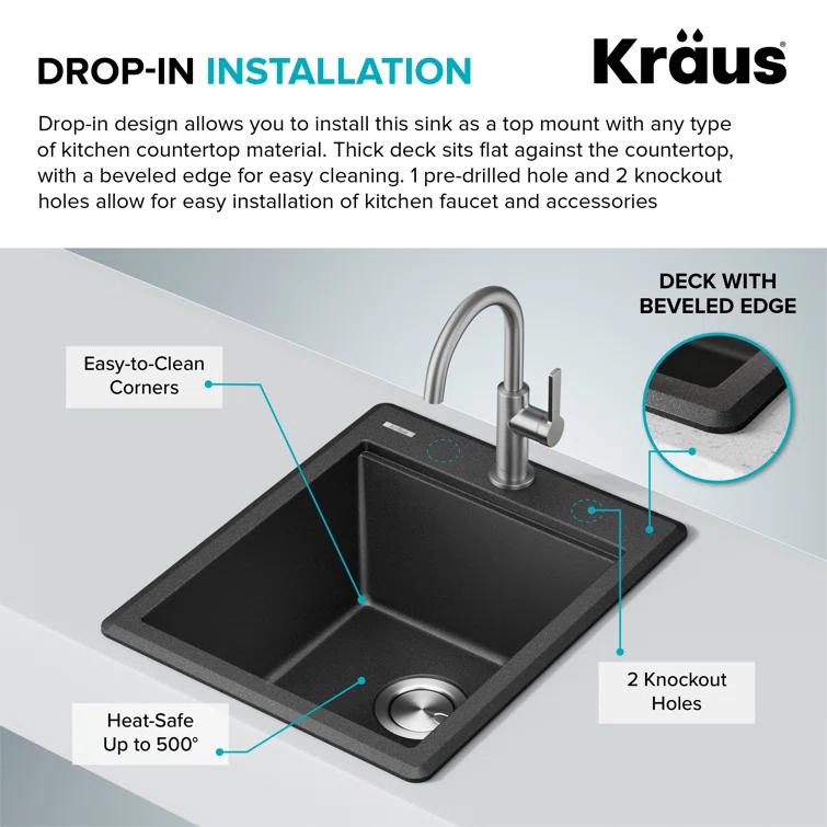 KRAUS Bellucci 28” Granite Workstation Drop In Top Mount Single Bowl Kitchen Sink with Accessories