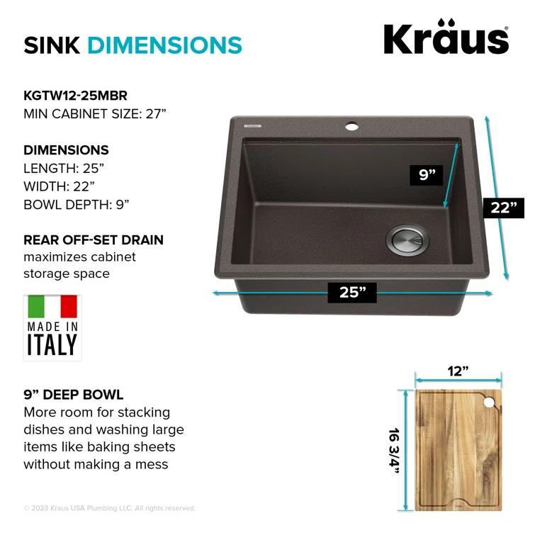 Kraus KGTW12-25MBR KRAUS Bellucci Granite Composite Workstation Drop-In Top Mount Single Bowl Kitchen Sink with Accessories