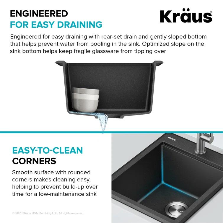 KRAUS Bellucci 28” Granite Workstation Drop In Top Mount Single Bowl Kitchen Sink with Accessories