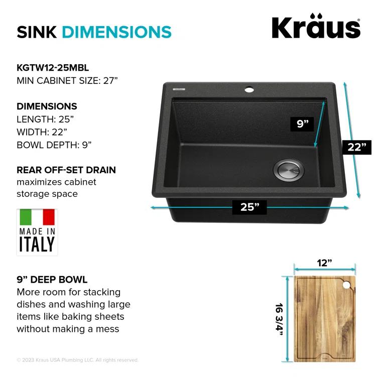 KRAUS Bellucci Granite Composite Workstation Drop-In Top Mount Single Bowl Kitchen Sink with Accessories