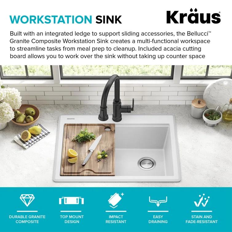 KRAUS Bellucci Granite Composite Workstation Drop-In Top Mount Single Bowl Kitchen Sink with Accessories
